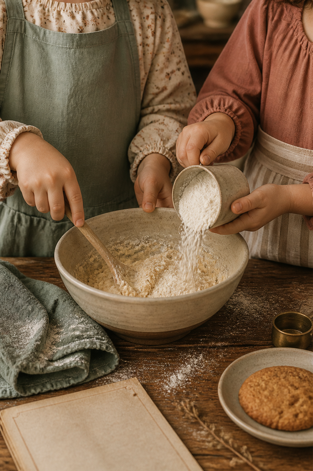 Children baking together at a rustic table, shown from the neck down